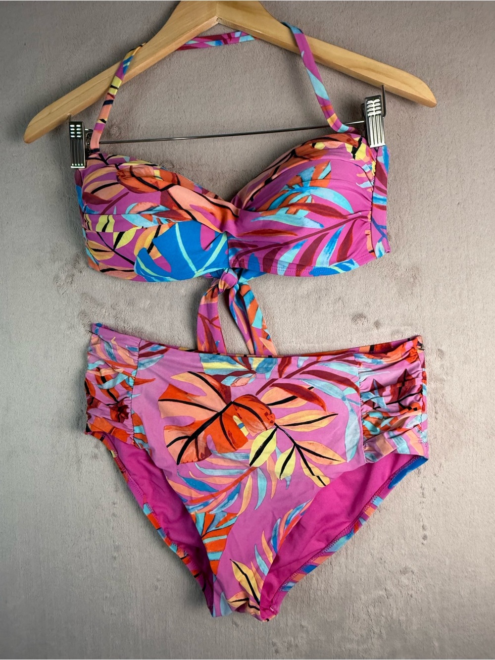 Bar III Bikini Set L Pink Tropical Print Tie Front Bandeau High Waisted Bottom